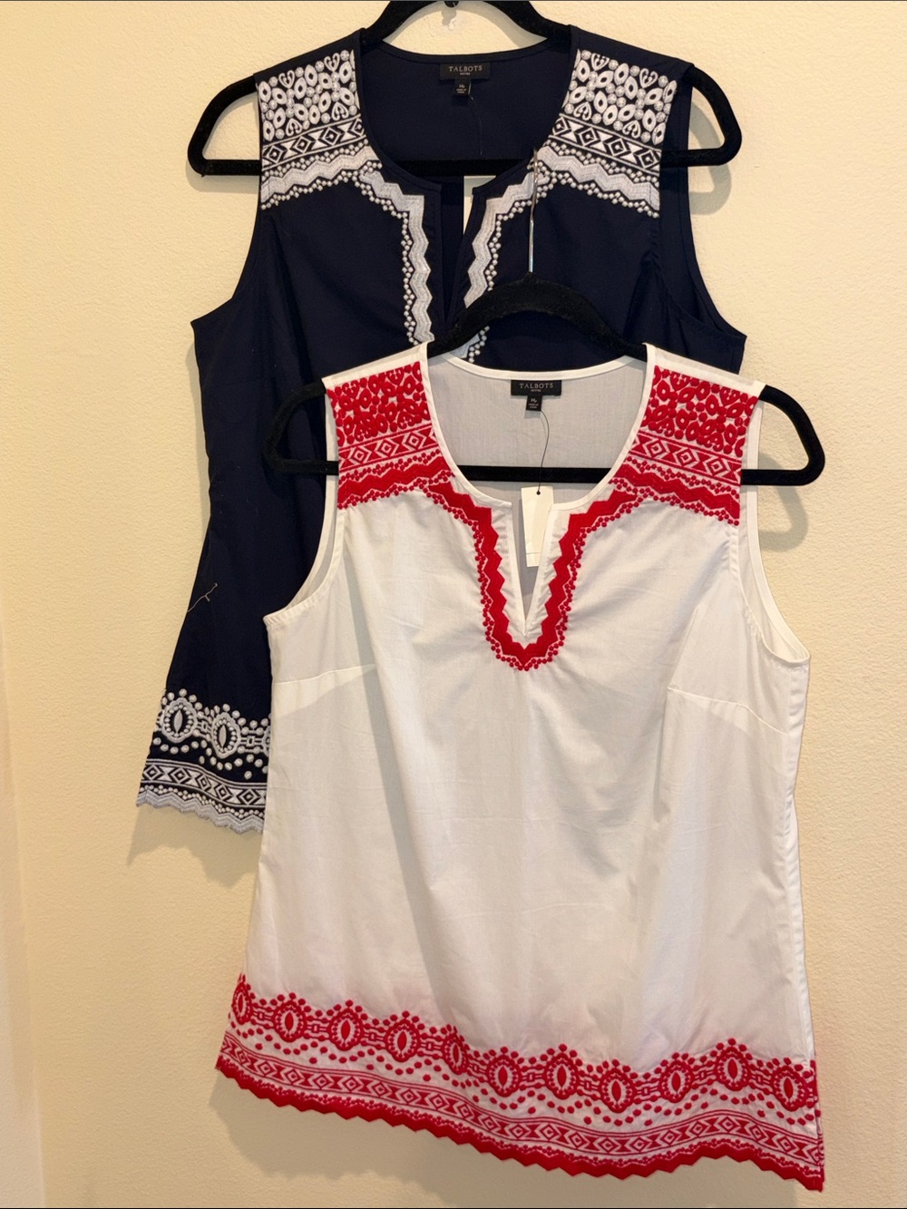 NWT (2) Talbots Embroidered Sleeveless Aztec Design Cotton Tunics- BUNDLE of 2
